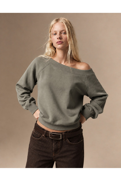 Women's 3 Thread Ribbed Off-Shoulder Wide Boat Neck Oversize Sweatshirt - Khaki