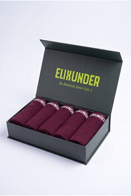 5'li Bordo Renk Saf Pamuklu Erkek Boxer Premium Mıknatıslı Kutulu