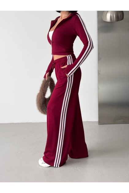 Women's Burgundy 2-Piece Softtouch Modal Fabric Tracksuit Set Hooded Zippered Crop Sweatshirt with Wide Legs 3 Pieces Pm2089