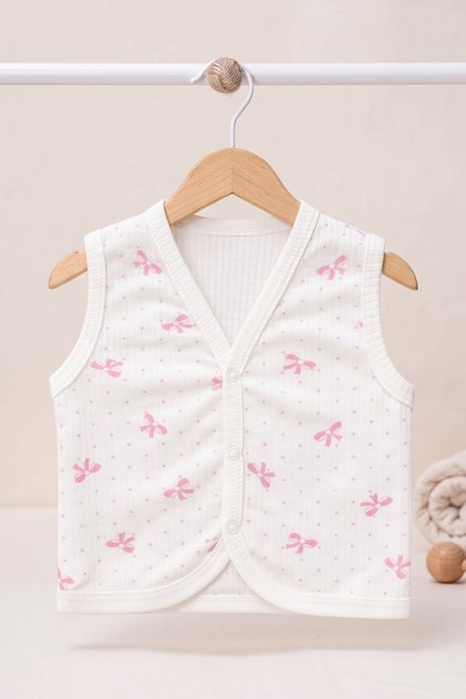 Pembe Fiyonklu Puantiyeli %100 Pamuklu Fitilli Penye Kız Bebek Yelek