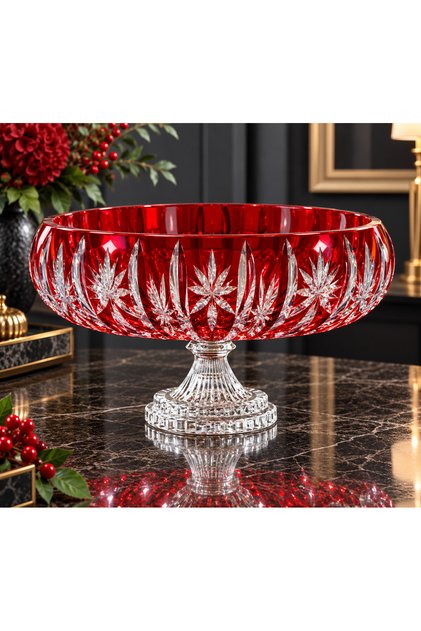 Lalezar Handmade Cut Crystal Glass Bowl with Foot 28 cm – Colorful Decorative Salad and Fruit Bowl