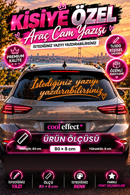 Kişiye Özel Araç Cam Yazısı Sticker 80x8 cm | İsim ve Yazı | Font Seçenekli - Turuncu
