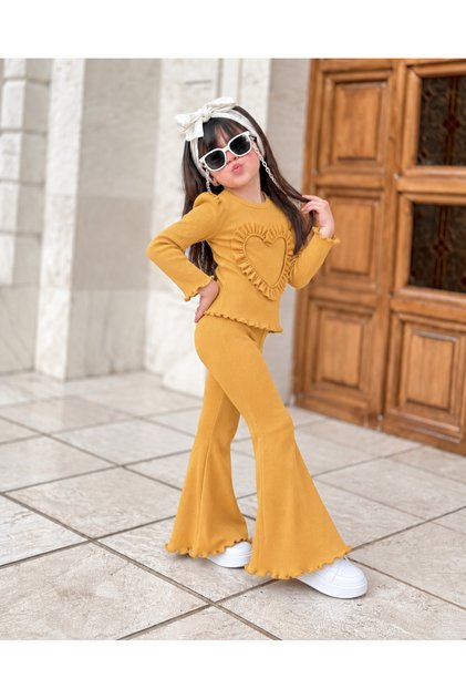 Kız Çocuk Kalp Detaylı Fitilli Kaşkorse İspanyol Paça Alt Üst Takım - 3/8 Yaş - 31943