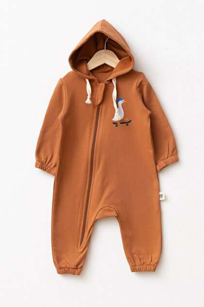 100% Cotton Hooded Duck Patterned Long Sleeve Baby Romper with Elastic Cuffs and Zipper Throughout