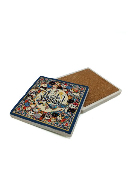 Istanbul Calligraphy and Cat Pattern Printed Natural Stone Coaster 10X10 1G-İstkediler
