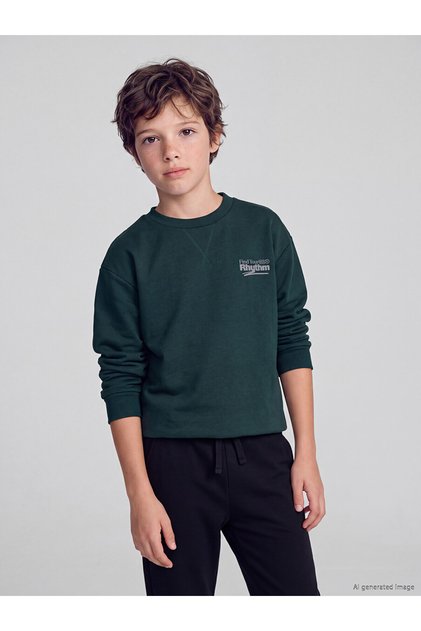 Green Crew Neck Boys' Thick Sweatshirt