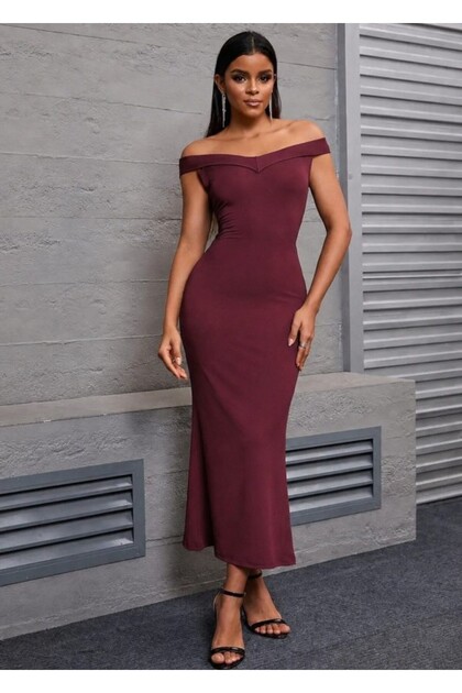 Women's Madonna Collar Off-The-Shoulder Diver Fabric Fish Midi Length Evening Dress