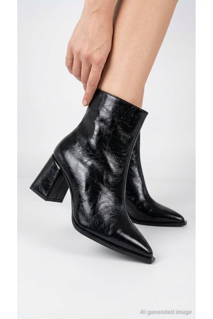 Women's Boots Wrinkled Patent Leather Pointed Toe Thick Heeled Zippered Short Boots Bootie Stylish Evening Dress Casual Trb-96