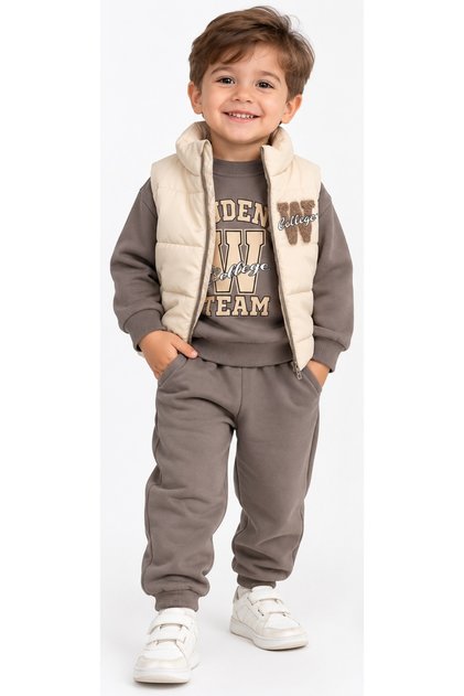Boy's Collage Written W Embroidered Inflatable Vest Triple Smoked Color Tracksuit Set