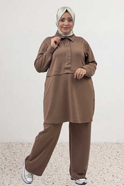 67079 Large Size Button Detailed Modal Trousers Suit - Mink