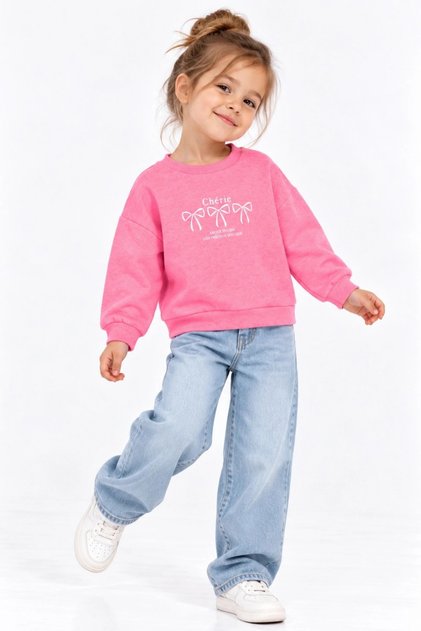 Girl's Pink Long Sleeve Sweatshirt - Basic Comfortable Sweatshirt with Bow Pattern