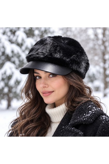 Pălărie neagră din angora cu bor pentru femei – Model de iarnă cu bor, cu aspect de piele