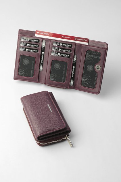 Genuine Leather Medium Size Magnetic Zipper Women's Wallet Plum – 65282