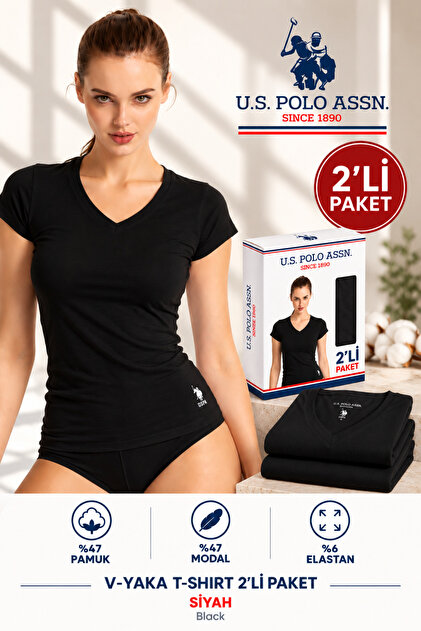 Kadın, Lisanslı, USPA, %47 Modal, %47 Pamuk, %6 Elastan, V Yaka Tişört, Kısa Kollu, Fanila, Comfort, Düz, 2'li Set