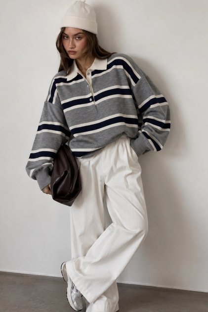Striped Buttoned Polo Neck Knitwear Blouse