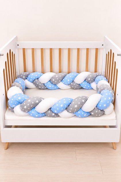 Bebekonfor Knitted Crib Edge Protector Blue Gray Patterned 260 cm