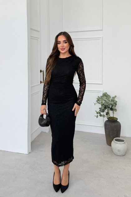 Women's Black Floral Patterned Lace Long Sleeve Cycling Evening Dress Midi Length Dress