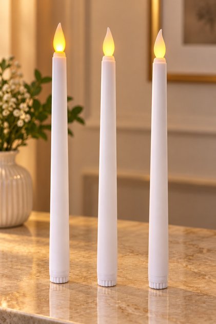 3’lü Set Şamdan Mum LED Mum 27,5 cm Pilli Uzun Mum 2,1 cm Çap Dekoratif LED Şamdan Mumu Masa Salon Yemek Masası Ev Dekorasyonu Alev Görünümlü Pilli Mum, Led Mum, Şamdan Mum