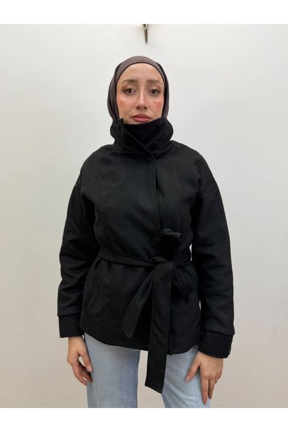 Belted Stand Collar Suede Jacket