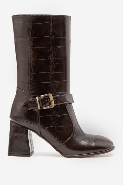 Alice Women's Bitter Brown Crocodile Buckle Detailed 7.5cm Heel Women's Long Boots