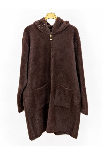 Women's Hooded Plush Textured Long Cardigan with Sequin Detail