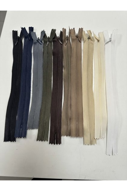 10 Adet Siyah-Lacivert-Gri-Kahve-Krem-Bej Tonları-Beyaz Gizli Diş Kıyafet-Etek-Pantolon-Cüzdan Fermuarı (18-20 Cm)