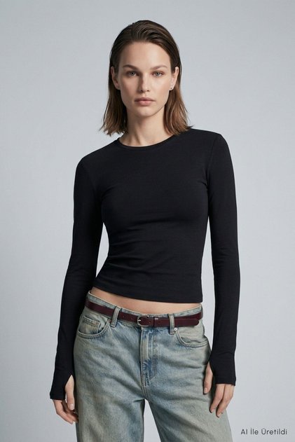 Crew Neck Finger-Loop Combed Cotton Bodysuit 911 Black