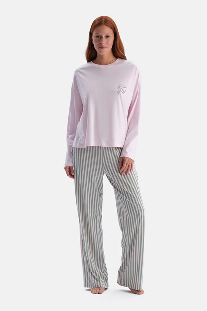 Pink Slogan Detailed Long Sleeve T-Shirt Striped Pants Set
