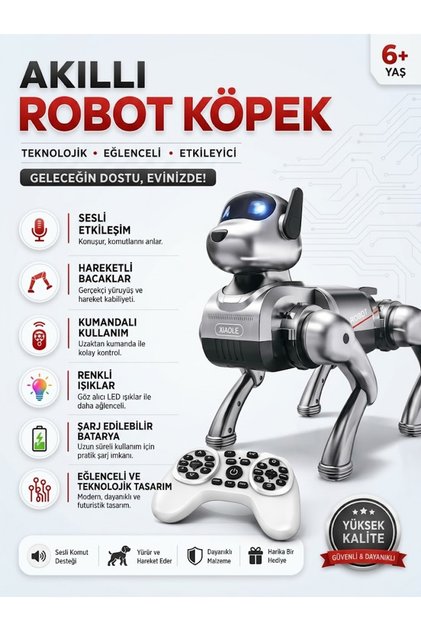 Uzaktan Kumandalı Akıllı Robot Köpek – Sesli Komut Algılayan, LED Işıklı ve Şarjlı İnteraktif Elektronik Oyuncak Köpek (+6 Yaş)
