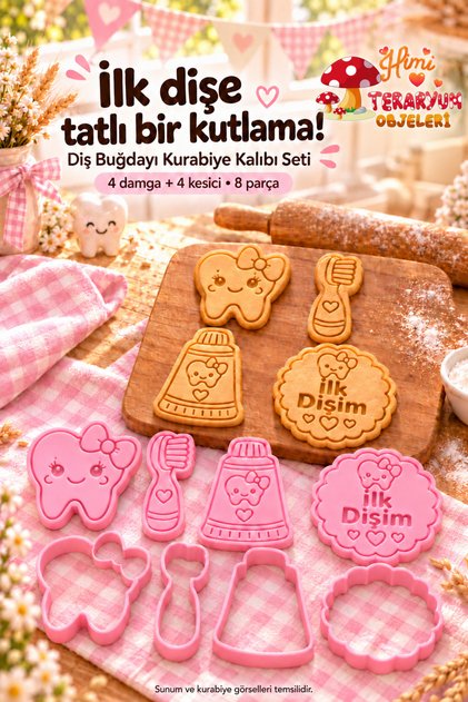 Teething Wheat Cookie Mold Set Baby Girl Pink 4 Figures 8 Pieces – Tooth, My First Tooth Stamp and Cutter with Bow