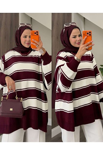 Kadın Çizgili Oversize Triko Tunik, Bisiklet Yaka Balon Kol Salaş Geniş Rahat Kalıp Kazak