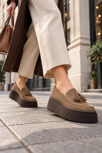 Hakiki Deri Püsküllü Kadın Kalın Taban Günlük Loafer Ayakkabı