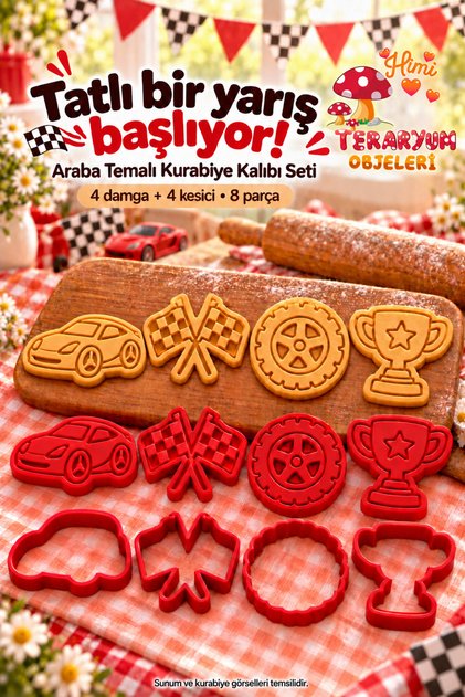 Car Themed Cookie Cutter Set Red 4 Figures 8 Pieces Sports Car Racing Flag Tire Mug Birthday Stamp Cutter