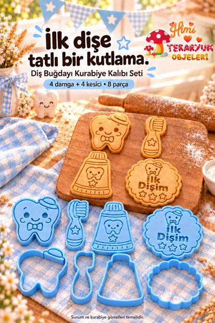 Teething Wheat Cookie Mold Set Baby Boy Blue 4 Figures 8 Pieces – Teether with Hat and Bow Tie, My First Tooth Stamp and Cutter