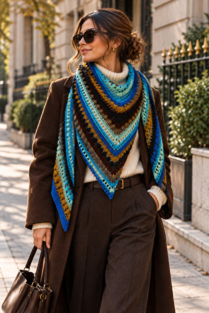 Hand Knitted Blue, Colorful Triangle Wool Shawl – 100% Wool – 170 X 90 cm – Women's Winter Shoulder Shawl