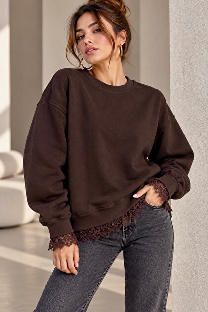 Lace Detailed 3 Thread Embroidered Women's Sweatshirt My3535