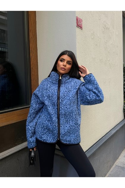Women's Blue Zippered Oversize Plush Sweatshirt