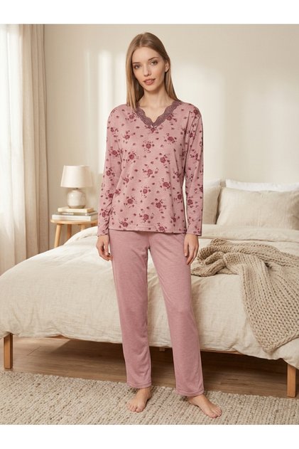 Bambu İnterlok Pijama Takımı Dantel Yakalı