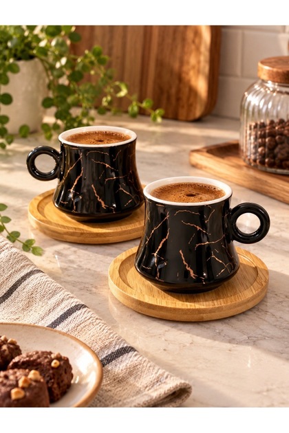 2-Person Black Marble Patterned Coffee Cup Set with Bamboo Saucers
