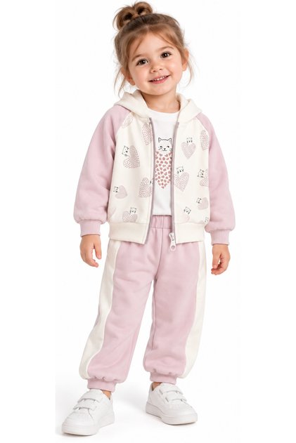 Girl's Cat Heart Patterned Cardigan Lilac Color Triple Tracksuit Set
