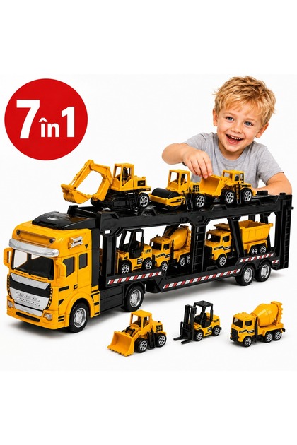 Set de camioane de transport metalice durabile, tip inginerie, 7 în 1, Printisor, 32,5 cm, cu 6 vehicule de construcții: Excavator, Buldozer, Betonieră, Basculantă, Stivuitor și Compactor, din aliaj metalic.