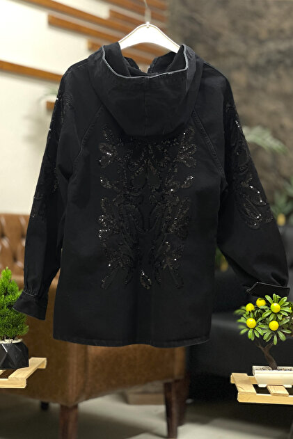 Hooded Denim Jacket with Sequin Embroidery on Sleeves and Back