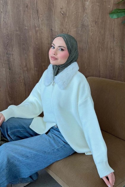 Aphrodite Fur Collar Cardigan Ecru