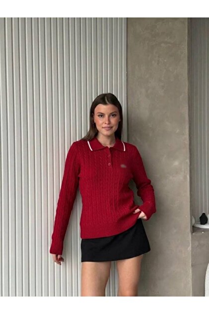 Lcs Polo Collar Red Short Knit Sweater