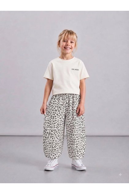 Girl's Beige Leopard Patterned Elastic Loose Trousers