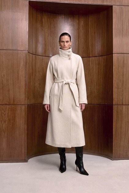 Belted Stand Collar Cashmere Coat Beige 32526