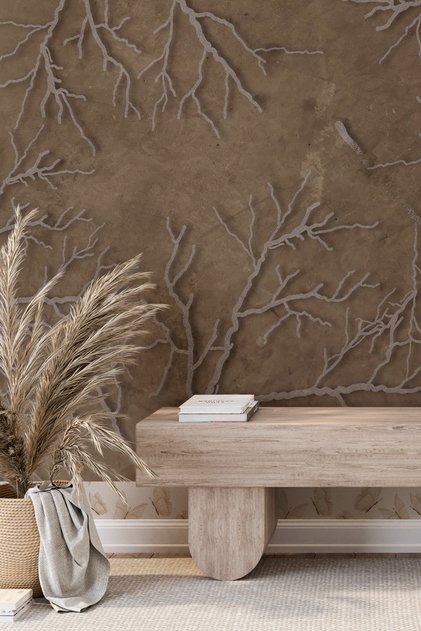 Toprak Tonlu Üç Boyutlu Kabartmalı Ağaç Dalları Desenli Tek Parça Tekstil Duvar Kağıdı