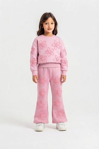 Girl's Pearl and Floral Detailed Three-Threaded Ribbed Full-Patterned Double Set
