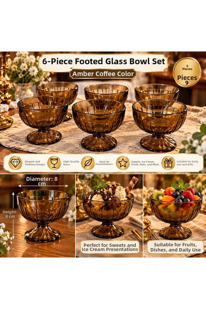 Set of 6 Amber Brown Glass Bowls with Feet – Patterned Dessert, Ice Cream, and Presentation Bowls