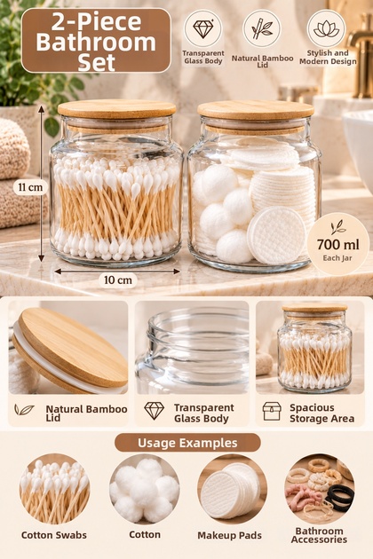 2 Piece Glass Bathroom Set with Bamboo Lid, 700 ml Cotton Pad and Cotton Swab Container
